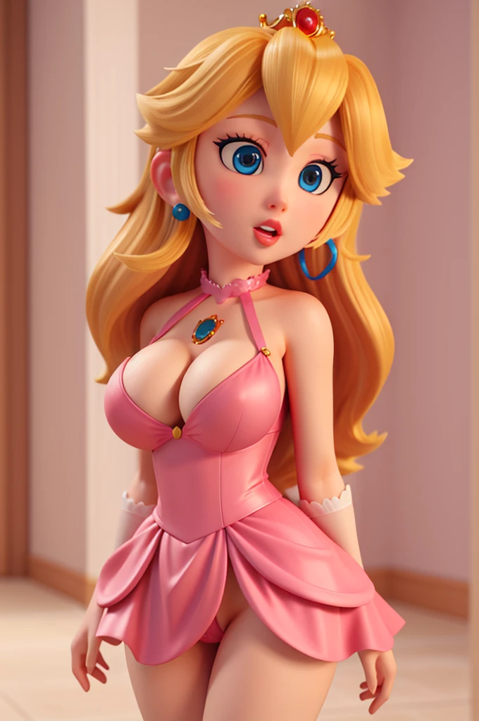 A closeup of a woman , portrait of princess peach, princess peach), princess peach, huge bust cinematic shot, anime style 3d, High quality 8K detailed art, Super detailed representation, blonde hair princess, Rendered in SFM, detailed digital anime art, anime princess, a juicy human-like peach, very detailed anime, deep neckline, big breasts, red lingerie, Pornography, naked breasts, nude