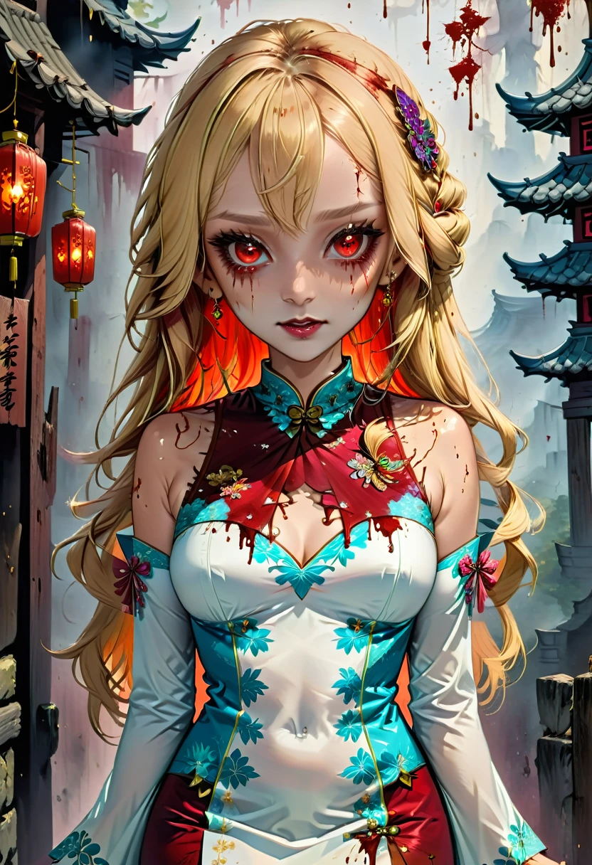 a beautiful female vampire wearing a ((blood stained: 1.5) white Cheongsam: 1.5), an extremely beautiful female vampire, ultra detailed face, blond hair, long hair, wavy hair, dark glamour make up, pale skin, red lips, (glowing red eyes: 1.2), visible (vampiric fangs: 1.2), she wears a ((blood stained white Cheongsam: 1.5)), elegant, intricate detailed Cheongsam, silk Cheongsam, small cleavage, ((Cheongsam is decorated with gems: 1.3)), she wears elegant knee high heeled boots, exquisite knee high heeled boots, there are stains of blood on the upper part of the dress, dynamic background, best details, best quality, highres, ultra wide angle, 16k, [ultra detailed], masterpiece, best quality, (extremely detailed), full body, ultra wide shot, photorealistic, fantasy art, dnd art, rpg art, realistic art, dark novel, Dark Art Painting Style