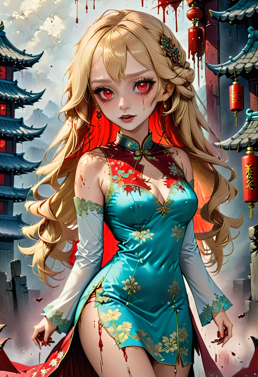 a beautiful female vampire wearing a ((blood stained: 1.5) white Cheongsam: 1.5), an extremely beautiful female vampire, ultra detailed face, blond hair, long hair, wavy hair, dark glamour make up, pale skin, red lips, (glowing red eyes: 1.2), visible (vampiric fangs: 1.2), she wears a ((blood stained white Cheongsam: 1.5)), elegant, intricate detailed Cheongsam, silk Cheongsam, small cleavage, ((Cheongsam is decorated with gems: 1.3)), she wears elegant knee high heeled boots, exquisite knee high heeled boots, there are stains of blood on the upper part of the dress, dynamic background, best details, best quality, highres, ultra wide angle, 16k, [ultra detailed], masterpiece, best quality, (extremely detailed), full body, ultra wide shot, photorealistic, fantasy art, dnd art, rpg art, realistic art, dark novel, Dark Art Painting Style