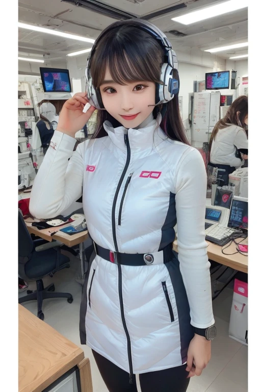 masterpiece, Highest quality, Very detailed, 8K Portrait,Japanese Android Girl,plump , Control panel,Robotic arms and legs, Blunt bangs,,break (Metallic Gray, Metallic luster, Mirror finish, Astro Best):5,headphone:5,break (Black sleeves):100,Smart Watches,Futuristic space station,Control Room,break headphone,blue eyes,(Black Hair):2,(Long Hair):1.3,Displaying the viewer,(respirator),break blush:3,Hidden Hand,smile