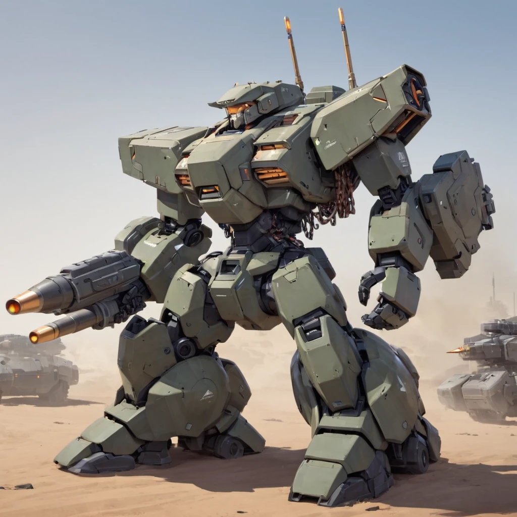 Chunky Mech with mulitple chainguns on one arm, A missile pod on its other shoulder.