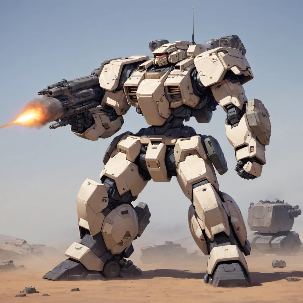 Chunky Mech with mulitple chainguns on one arm, A missile pod on its other shoulder.