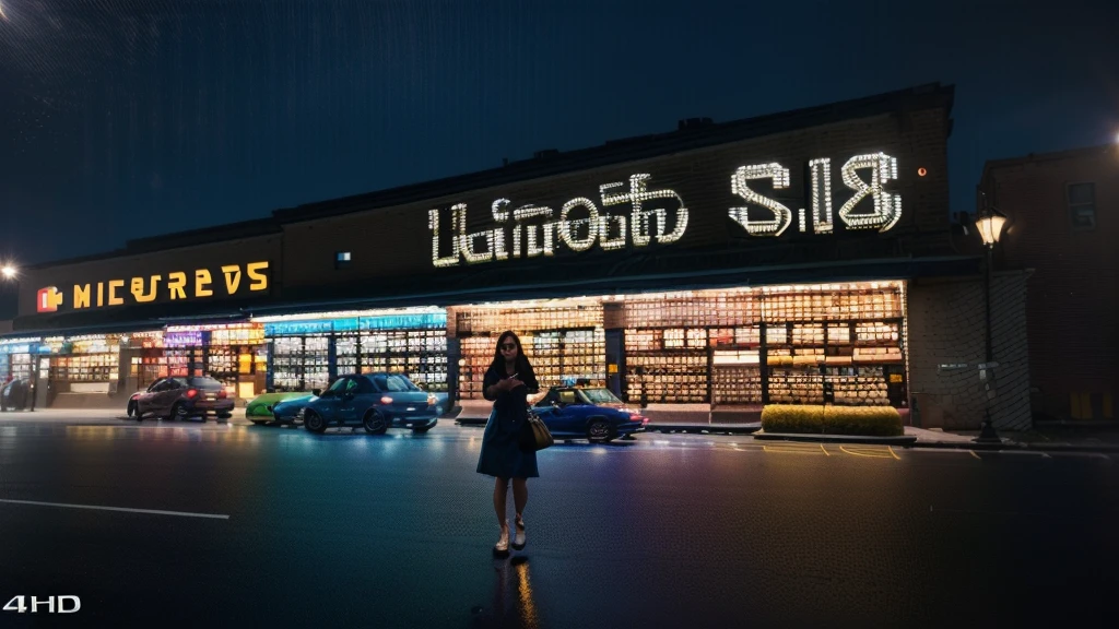 a woman going to the walmart supermarket at night, beautiful detailed eyes, beautiful detailed lips, extremely detailed eyes and face, long eyelashes, grocery cart, walmart shopping bags, neon signs, nighttime, streetlights, atmospheric lighting, dark blue color palette, (best quality,4k,8k,highres,masterpiece:1.2),ultra-detailed,(realistic,photorealistic,photo-realistic:1.37),HDR,UHD,studio lighting,ultra-fine painting,sharp focus,physically-based rendering,extreme detail description,professional,vivid colors,bokeh,photographic