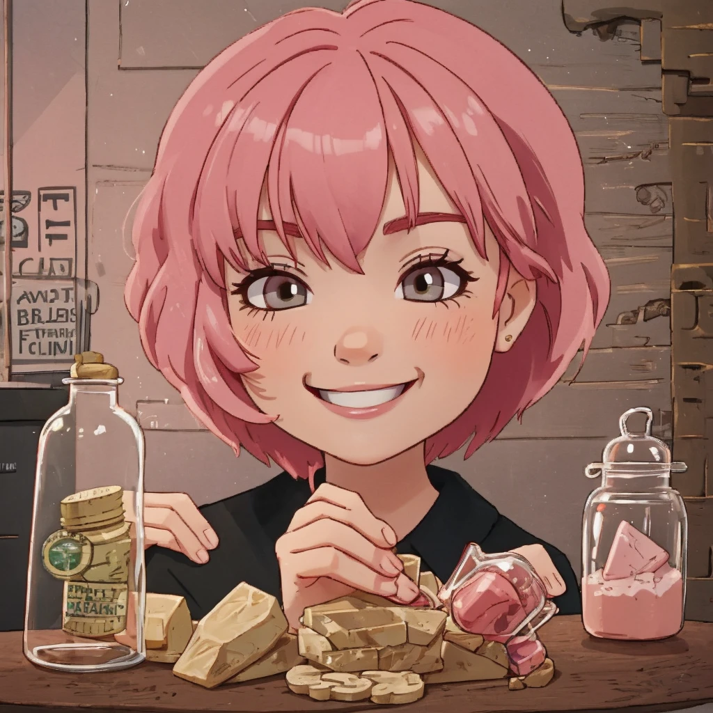 close up of the face with short pink hair, holding a glass jar with drugs, smile