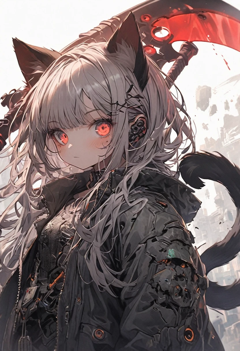 Detailed silhouette of a cyberpunk girl with cat ears and a tail, wearing a flowing, tattered coat, holding a blood huge scythe that includes a mechanical cat design, standing on a glossy, reflective surface with a minimalistic, soft gray background, fish eye angle