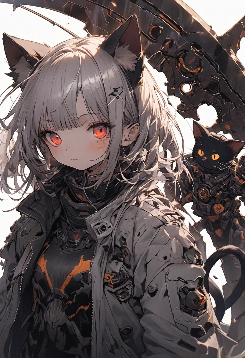 Detailed silhouette of a cyberpunk girl with cat ears and a tail, wearing a flowing, tattered coat, holding a blood huge scythe that includes a mechanical cat design, standing on a glossy, reflective surface with a minimalistic, soft gray background, fish eye angle