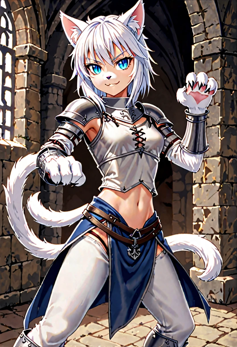 female, short straight white hair, blue eyes, short, white furry forearms, furry claws, white cat ears, white cat tail, slit pupils, small breasts, short, warrior stance, skimpy clothes, medieval, light armor, athletic, bare midriff, eager smile