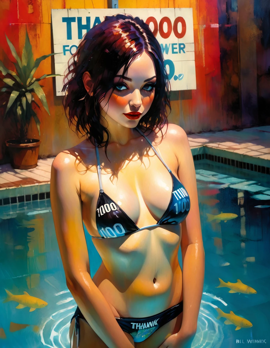 a sexy girl in a swimming pool, bare breasts, panties, covering her breasts with a sign that says "THANK YOU FOR 1000 followers", oil painting inspired by Bill Sienkiewicz, detailed facial features, realistic skin textures, intricate details, dramatic lighting, cinematic composition, vibrant colors, photorealistic, masterpiece, best quality