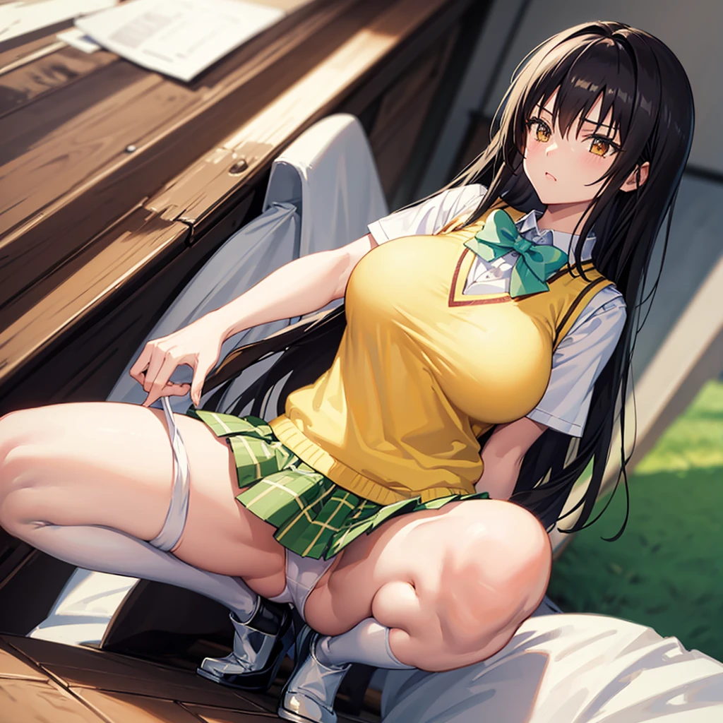 masterpiece, best quality, defYui, yellow sweater vest, white shirt, short sleeves, green bowtie, plaid miniskirt, large breasts,spread legs, squatting,pussy focus,(pantyshot:1.1), white panties,on bed