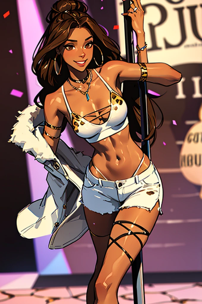 (masterpiece), best quality, expressive eyes, perfect face, nightclub background), (standing), (smirk), (closeup view), (1girl, vanessa alessia, dark skin, tanned skin, brown hair, hairstyle, brown eyes, hourglass figure, thin body, skinny body, petite_body, medium , thick thighs, long fingernails, ,white shorts, cheetah print corset, thong straps, hoop earrings, miscellaneous jewelry, pole_dancing))