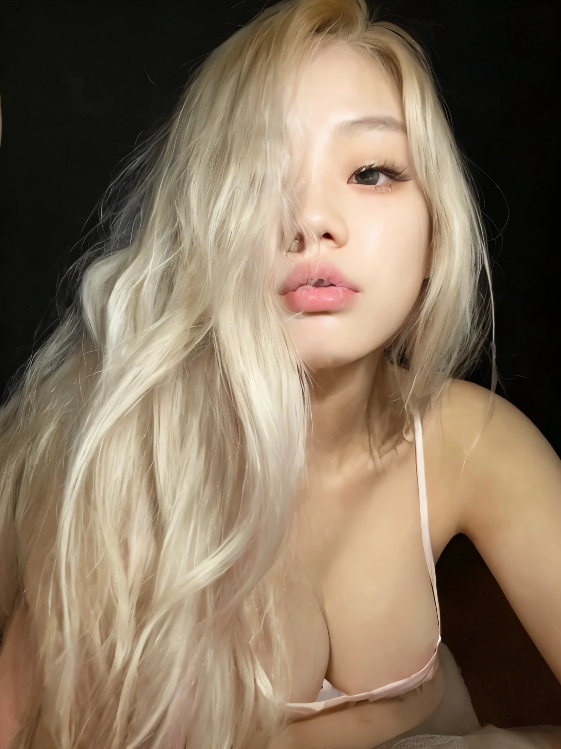 korean, hair blonde, black eyes, pink mouth, Asian girl, Youngh