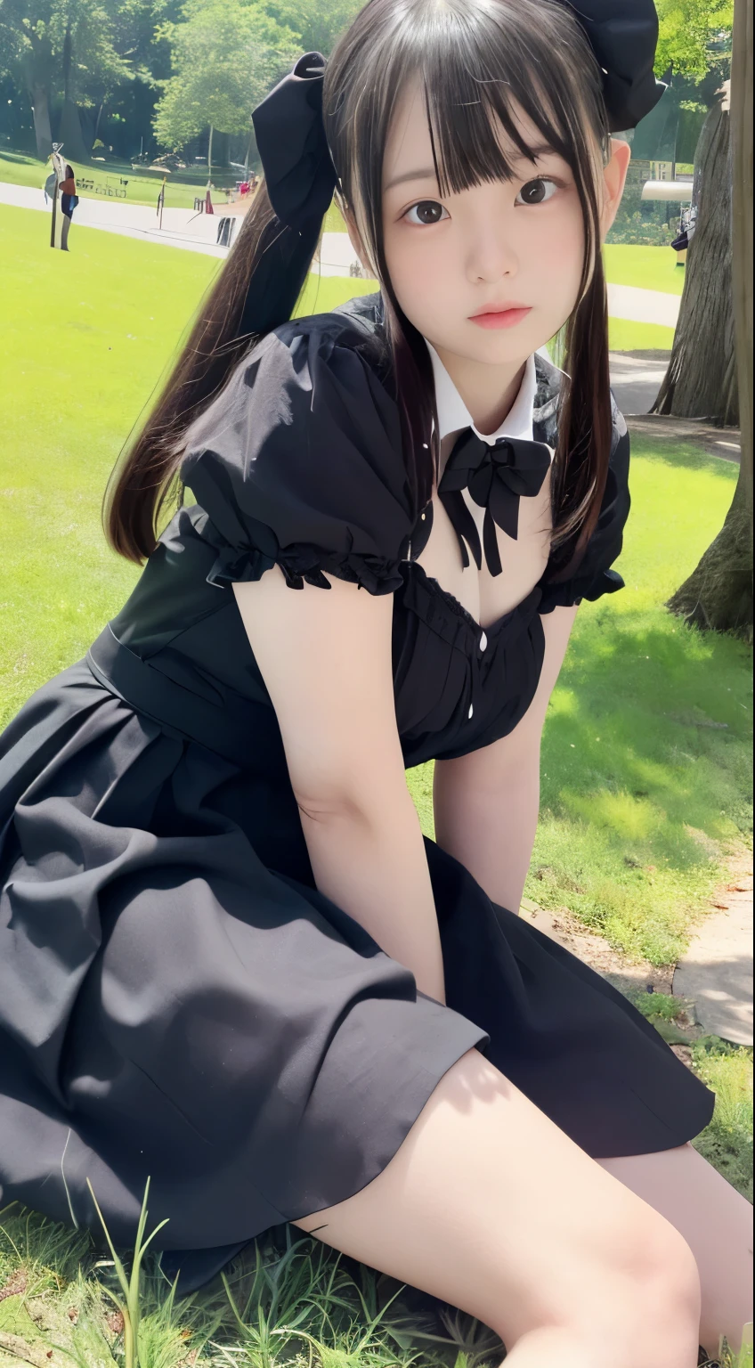 Photo quality,Masterpiece,Realistic,( cute Japanese girl:1.9),(Detailed young face:1.9),(Very embarrassed look:1.9),(Angle from below,Thin legs:1.9),(Wearing black Gothic Lolita fashion:1.9)(Adult video package shoot:1.9),(Posing to seduce men in the park,Inner thigh visible:1.9),((Droopy eyes:1.9)),((Body type of a 14 year old Tits:1.9)),(Cute school girl hairstyle:1.9),((Skinny Legs)),Very pale skin,Show your forehead,Detailed body,Detailed hands,No makeup