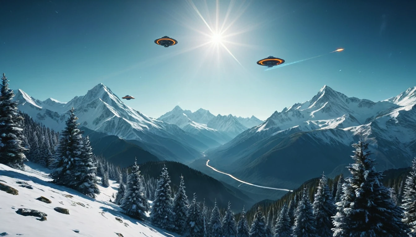 "A cinematic scene of a majestic mountain landscape with snow-capped peaks and dense forests in the valleys. In the center of the image, three futuristic spaceships fly in formation, with engines glowing bright orange (#FF4500). The lighting is natural and soft , with sunlight filtered through voluminous white clouds in the clear blue sky (#87CEEB). The composition uses the rule of thirds, with mountains occupying the upper left and right, creating a visual balance with the spaceships centered in the third. higher.
The camera used appears to be an ARRI Alexa 65, providing high resolution and cinematic depth of field. The lens is a wide angle, capturing the vastness of the landscape and the grandeur of the mountains. The color palette is naturalistic, with shades of green (#228B22) in the forests, brown (#8B4513) in the soil, and blue-gray (#708090) in the snowy mountains.
Cinematic light is soft and diffuse, creating soft, realistic shadows that add depth to the scene. There is a faint blue lens flare (#ADD8E6) visible in the sky, adding a touch of realism to the composition. The houses and villages in the valley have earthy tones (#D2B48C), harmonizing with the natural landscape around them.
The overall atmosphere is a fusion of pristine nature and advanced technology, creating a striking visual contrast and a sense of futuristic wonder."hyper realistic composition,32k resolution,cinematic composition,cinematic color grading.