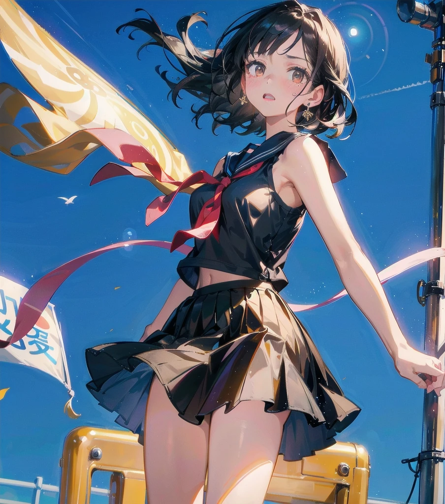 full body, delicate facial features, medium tits, medium hair, black hair, tearful mole, earring, school_uniform, summer shirt, skirt, sleeveless,