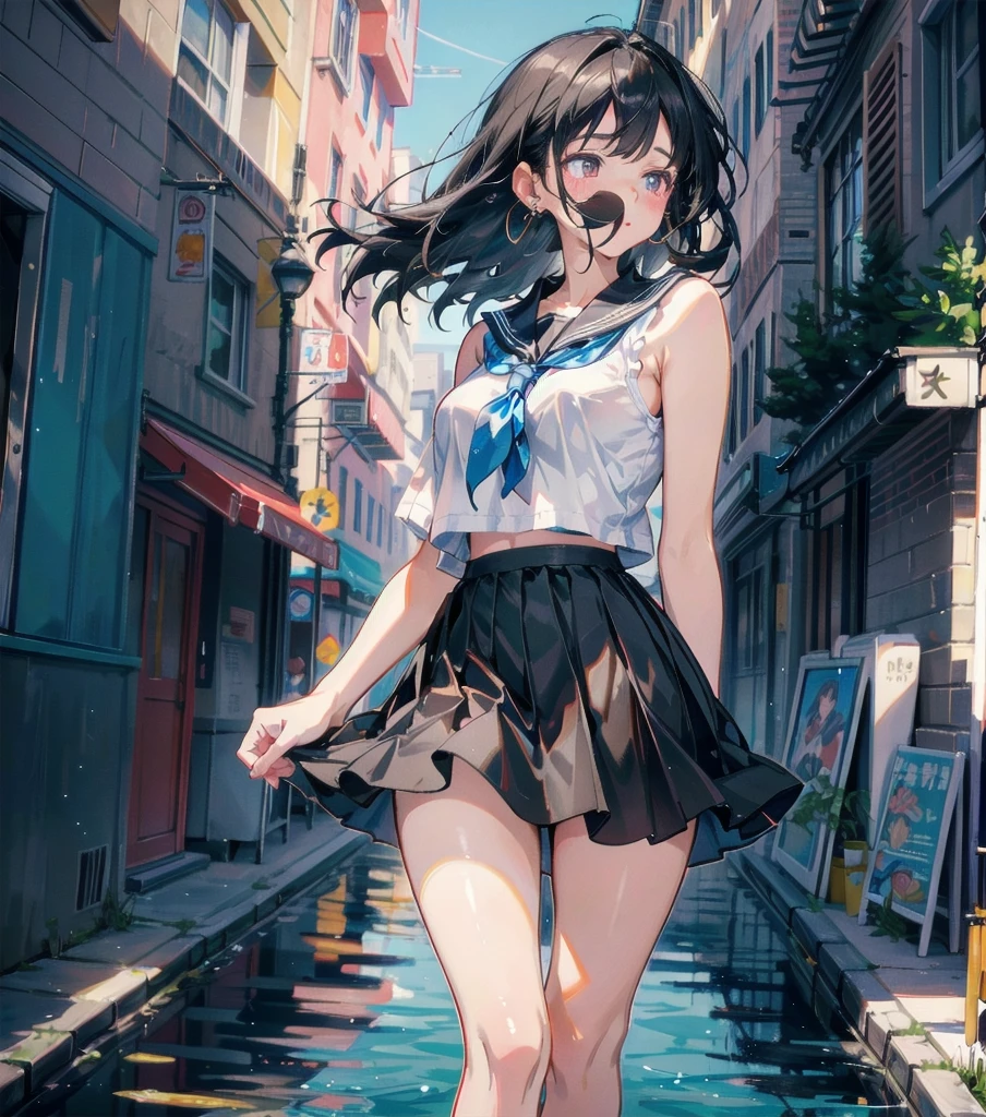 full body, delicate facial features, medium tits, medium hair, black hair, tearful mole, earring, school_uniform, summer shirt, skirt, sleeveless,