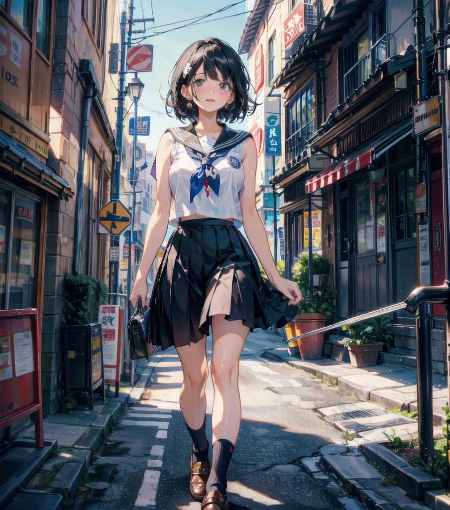 full body, delicate facial features, medium tits, medium hair, black hair, tearful mole, earring, school_uniform, summer shirt, skirt, sleeveless,