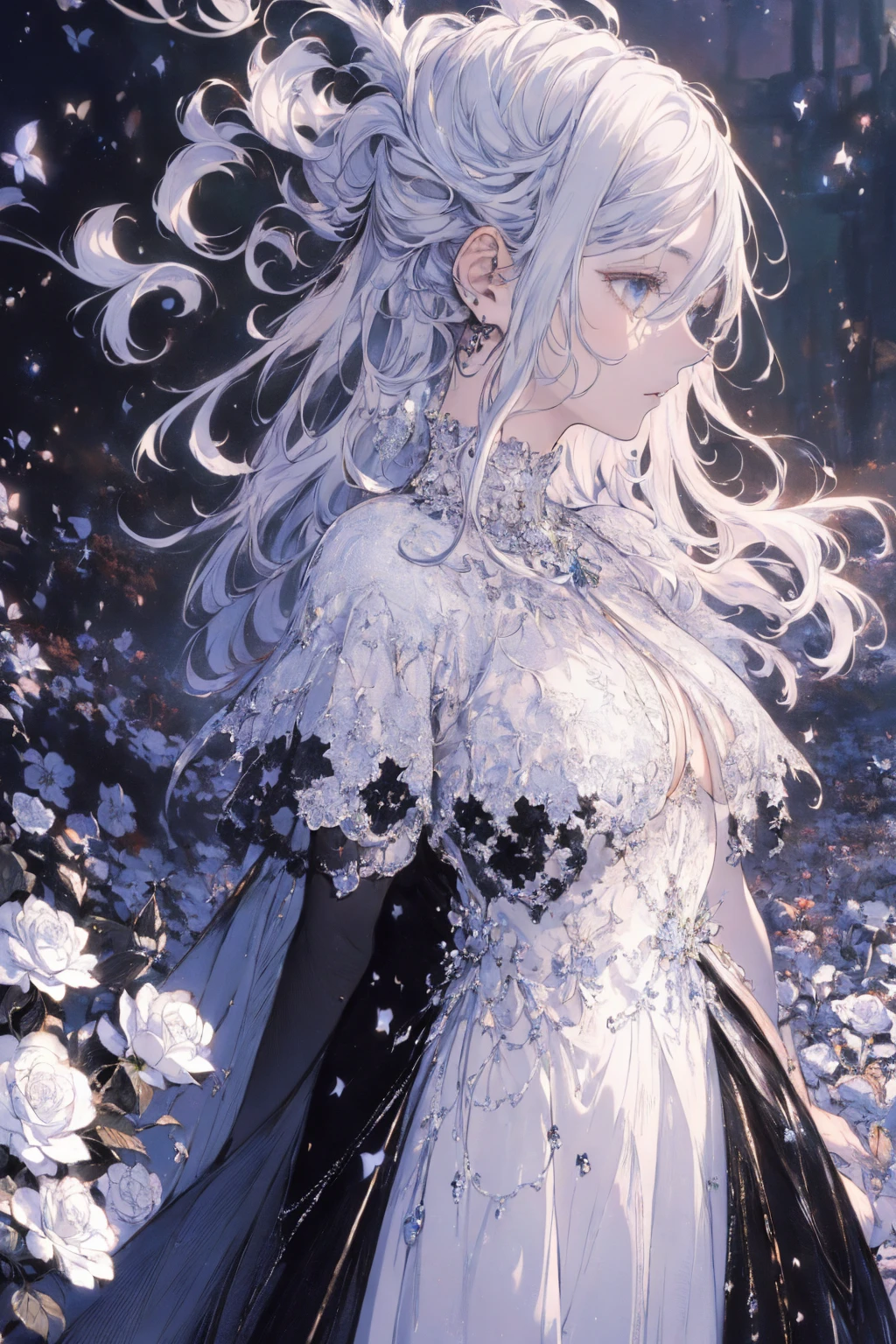 (Landscape photo, with a woman in the bottom right of photo:1.5, in white garden:1.5), Masterpiece, best quality, (very detailed CG unity 8k wallpaper), (best quality), High definition RAW color art, Animation,sculptures, (black Marble Skin), (((Ultra detailed elegant))), Magical atmosphere, Detailed skin, Texture,(Intricately detailed, Fine detail, ultra-detail art), depth of fields, Bokeh, Silky Touch, Hyper Detail, beautiful eyes, elegant face, (upper body focus), sparkle background, enormous breast:1.3, (silver hair), pure white, pose, muscle, embarrassing face, rose, ドラマチックな光, profile