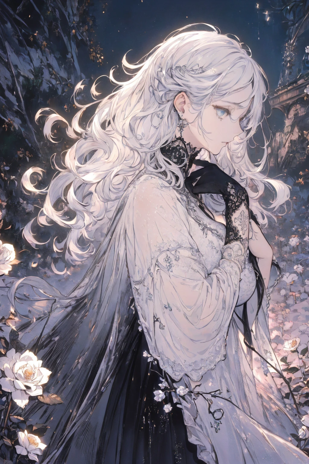 (Landscape photo, with a woman in the bottom right of photo:1.5, in white garden:1.5), Masterpiece, best quality, (very detailed CG unity 8k wallpaper), (best quality), High definition RAW color art, Animation,sculptures, (black Marble Skin), (((Ultra detailed elegant))), Magical atmosphere, Detailed skin, Texture,(Intricately detailed, Fine detail, ultra-detail art), depth of fields, Bokeh, Silky Touch, Hyper Detail, beautiful eyes, elegant face, (upper body focus), sparkle background, enormous breast:1.3, (silver hair), pure white, pose, muscle, embarrassing face, rose, ドラマチックな光, profile