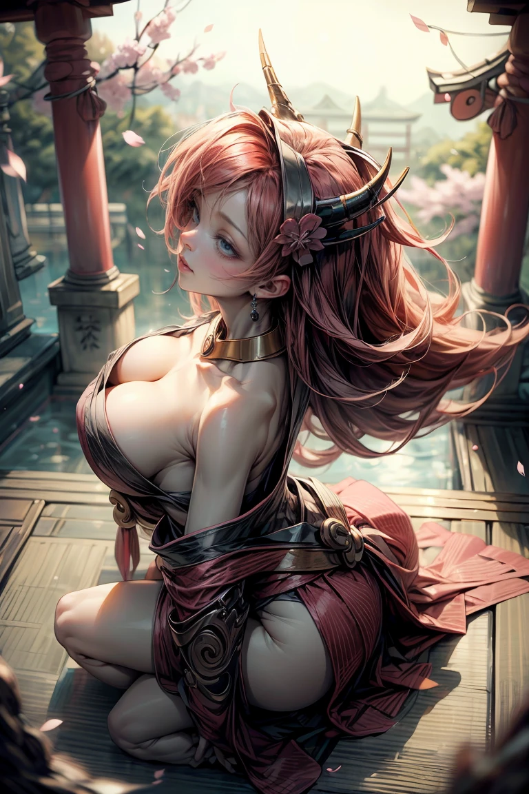 (masterpiece:1.2), (The best quality:1.2), Perfect lighting, Dark demon girl, In his twenties, arching her back in a sexy seductive slutty pose, accentuated super huge enormously big tits, neckline, beautiful open kimono, oni horns and hair ornaments, from above, cherry blossoms blowing in the wind, very long red hair, sitting spreading her legs open. Shinto shrine background, deep cleavage showing