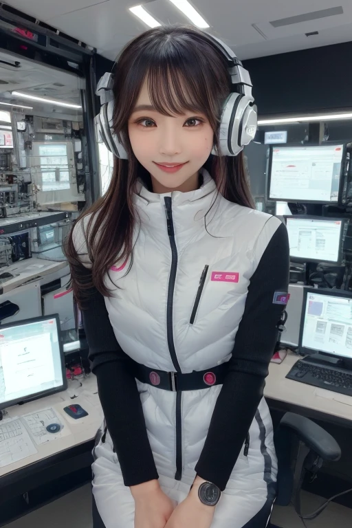masterpiece, Highest quality, Very detailed, 8K Portrait,Japanese Android Girl,plump , Control panel,Robotic arms and legs, Blunt bangs,,break (Metallic Gray, Metallic luster, Mirror finish, Astro Best):5,headphone:5,break (Black sleeves):100,Smart Watches,Futuristic space station,Control Room,break headphone,blue eyes,(Black Hair):2,(Long Hair):1.3,Displaying the viewer,(respirator),break blush:3,Hidden Hand,smile