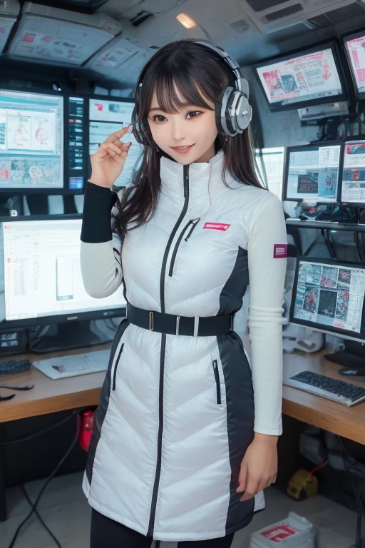 masterpiece, Highest quality, Very detailed, 8K Portrait,Japanese Android Girl,plump , Control panel,Robotic arms and legs, Blunt bangs,,break (Metallic Gray, Metallic luster, Mirror finish, Astro Best):5,headphone:5,break (Black sleeves):100,Smart Watches,Futuristic space station,Control Room,break headphone,blue eyes,(Black Hair):2,(Long Hair):1.3,Displaying the viewer,(respirator),break blush:3,Hidden Hand,smile