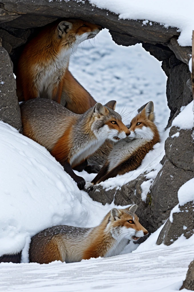 a marmot is huging a fox in a snow cave