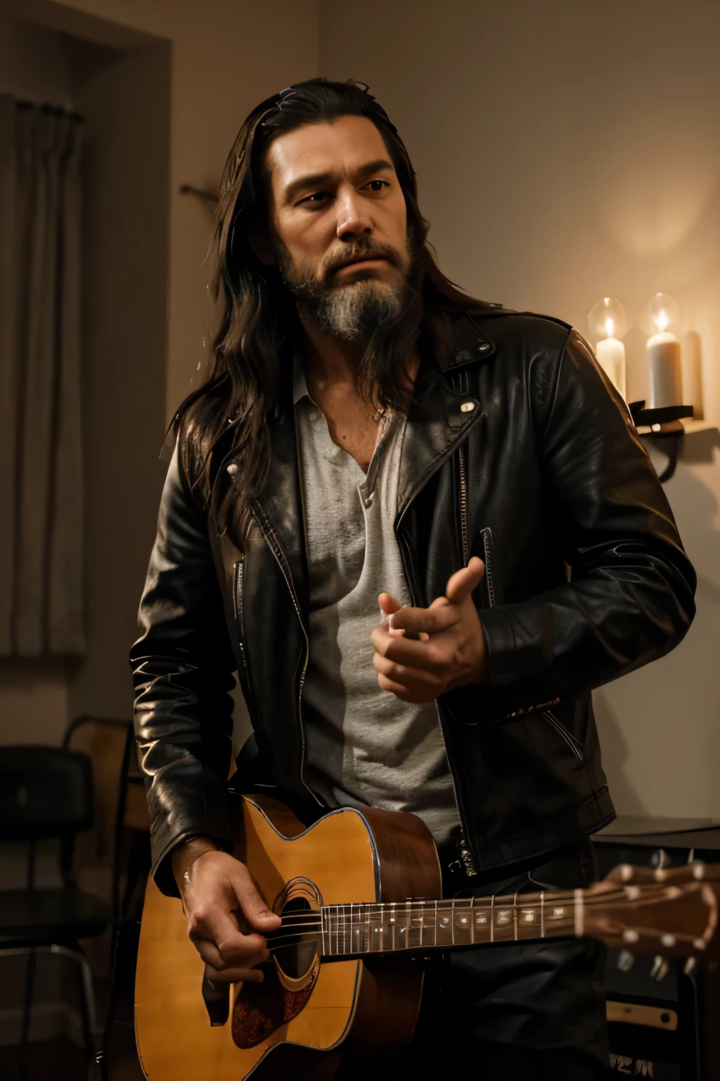 Realism, Ultra realistc, Capture the essence of a rugged musician: A man with a salt-and-pepper beard, long black hair, clad in a worn leather jacket, fingers dancing across the 6 strings of his vintage acoustic guitar. The dimly lit room reveals the flicker of candlelight, casting shadows on the walls, while the haunting melody he plays seems to echo through time.