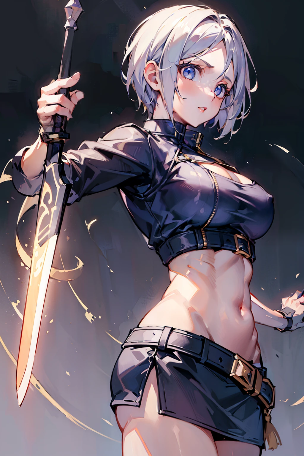 ,A beautiful cute young woman, in a cropped jacket, holding an ultra long divine sword, looking directly at the viewer, detailed face and eyes, highly detailed divine sword, (best quality,4k,8k,highres,masterpiece:1.2),ultra-detailed, detailed diaphragm,opposite side view,AngelMS style