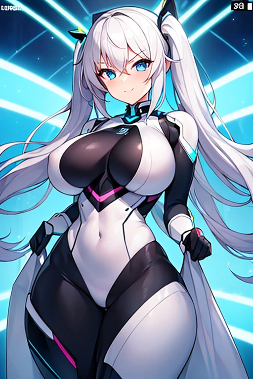 1girl, breasts, large breasts, wide hips, thick thighs, wide hips, light skin, bodysuit, white bodysuit, white hair, long hair, blue eyes, futuristic, science-fiction, tech, neon trim, neon, smile, ((anime screencap)), anime screencap, text, japanese text, white skin, blue neon trim, anime style, twintails