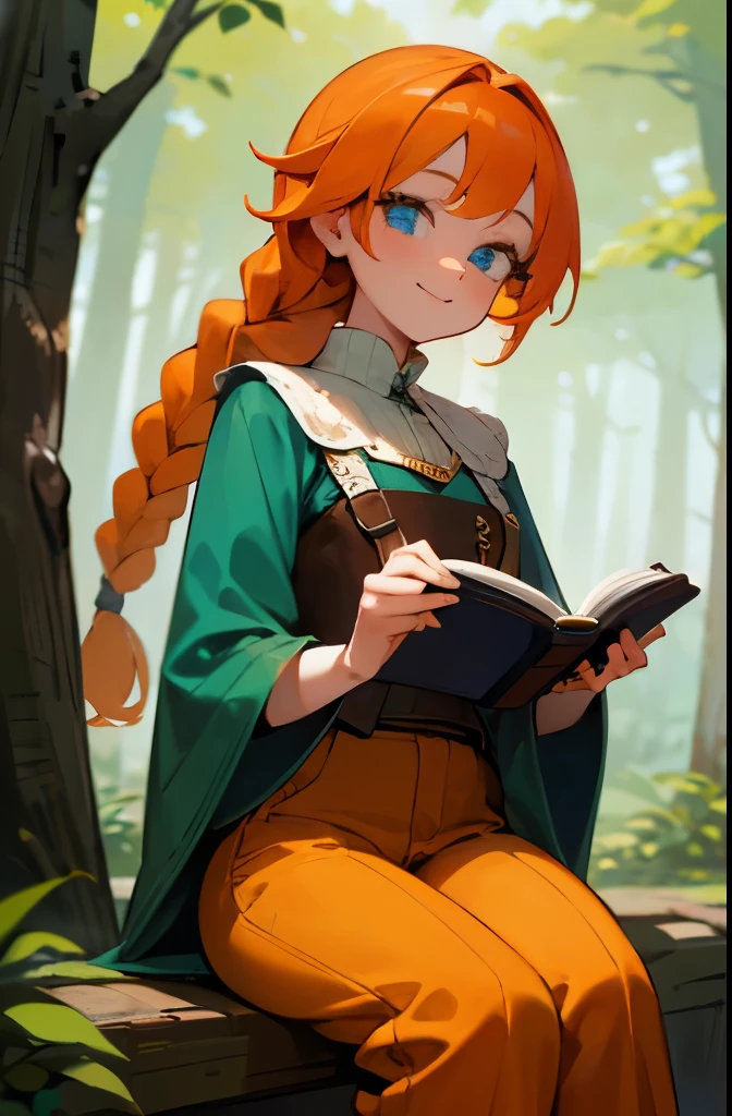 Best quality,high detail,masterpiece,1 woman,Orange one-sided braid,blue eyes,Cute face, Green tops,brown pants,forest,smiley face,holding a magic book, sitting
