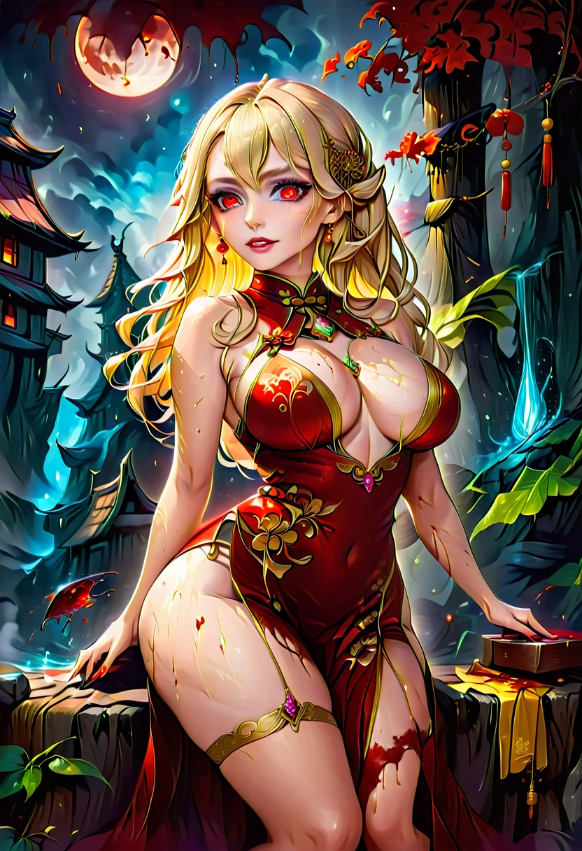 a beautiful female vampire wearing a ((blood stained: 1.5) white Cheongsam: 1.5), an extremely beautiful female vampire, ultra detailed face, blond hair, long hair, wavy hair, dark glamour make up, pale skin, red lips, (glowing red eyes: 1.2), visible (vampiric fangs: 1.2), she wears a ((blood stained white Cheongsam: 1.5)), elegant, intricate detailed Cheongsam, silk Cheongsam, small cleavage, ((Cheongsam is decorated with gems: 1.3)), she wears elegant knee high heeled boots, exquisite knee high heeled boots, there are stains of blood on the upper part of the dress, dynamic background, best details, best quality, highres, ultra wide angle, 16k, [ultra detailed], masterpiece, best quality, (extremely detailed), full body, ultra wide shot, photorealistic, fantasy art, dnd art, rpg art, realistic art, dark novel, Dark Art Painting Style, bldmoon