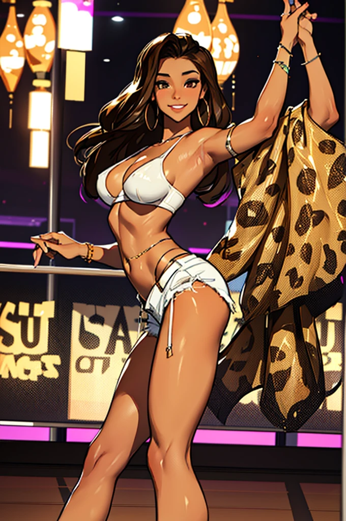(masterpiece), best quality, expressive eyes, perfect face, (nightclub background), (standing), (smirk), (closeup view), (1girl, vanessa alessia, dark skin, tanned skin, brown hair, hairstyle, brown eyes, hourglass figure, thin body, skinny body, petite_body, medium breasts, thick thighs, long fingernails, ,white shorts, cheetah print corset, thong straps, hoop earrings, miscellaneous jewelry,), pole_dancing