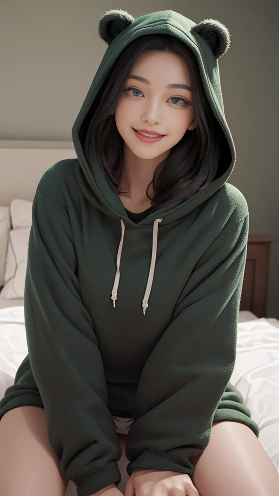 beautiful, (masterpiece), Highest quality, (extremely detailed face), extremely detailed eyes,  Perfect lighting, Overall detailed, detailed, Deep Skin,Textured skin,
,bear costume ,black bear costume, Long sleeve, Wearing a hood,,mallow , Long Hair, Green Eyes, Big smile,On the bed ,sit between the pillows,
,