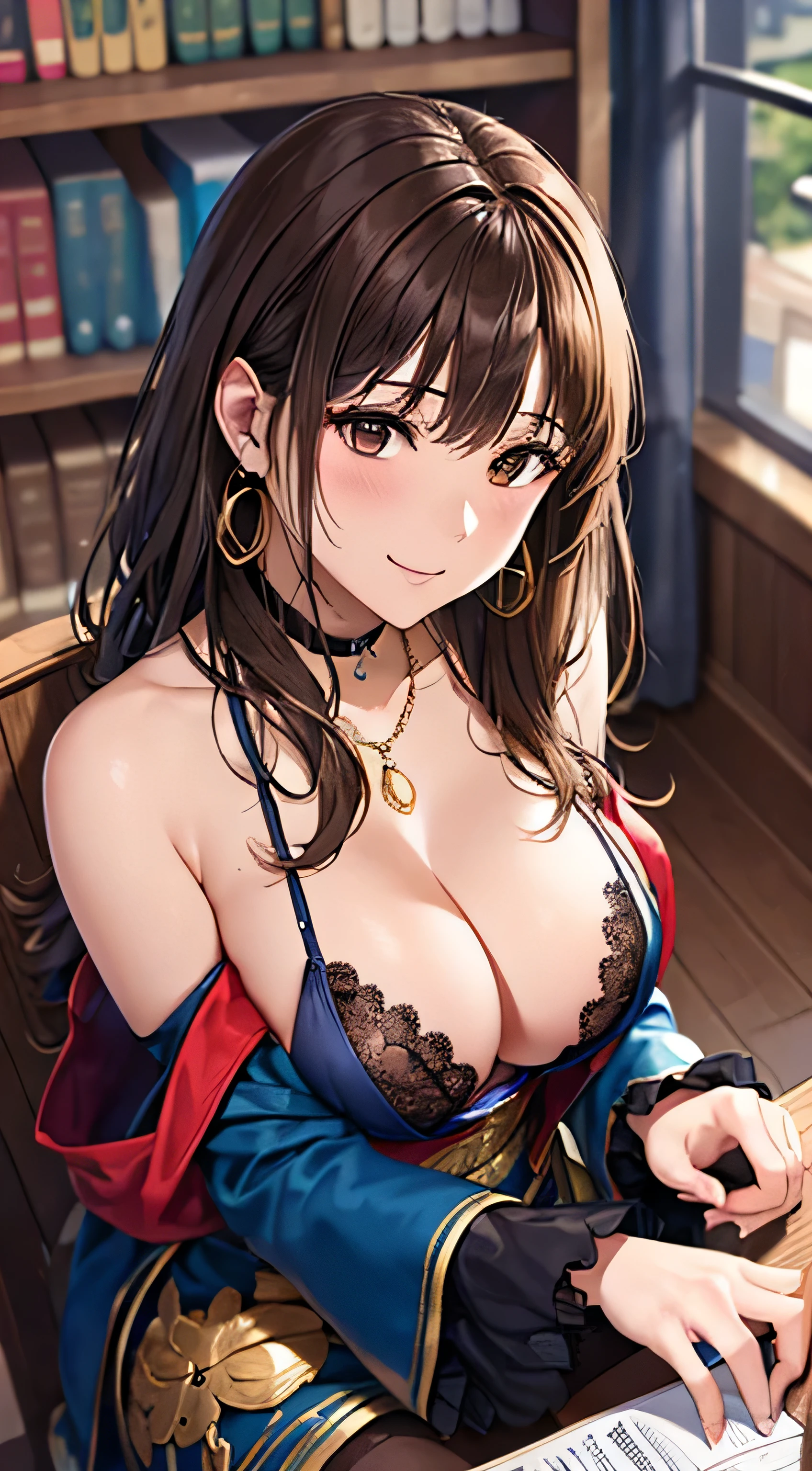 ((Tabletop, Highest quality, High resolution, , Pixel Perfect, 4K, ))), Beautiful woman,, alone, beauty、The whole body is visible、 (((Sexy Witch Cosplay), Long dark blonde wavy hair、Off-the-shoulder jacket, Dark blue flared skirt、Black knee-high stockings、Gold Hair Ornament、Gorgeous necklace、Earrings、, bangs, Brown Hair)), ((Brown eyes, Beautiful eyelashes, Realistic eyes)), ((Detailed face, Blushing:1.2)), ((Smooth texture:0.75, Realistic texture:0.65, Realistic:1.1, Anime CG Style)), Center of chest, Dynamic Angle, Perfect body, ((,)), Showing cleavage、On all fours、Very embarrassing panic smile, 、Big Castle Library、Sitting on the floor、Big magic book on the desk、look up、Cute shy smile、(Stick your butt out、、Nipples are slightly visible、Pink lace panties are slightly visible、)、Angle from below