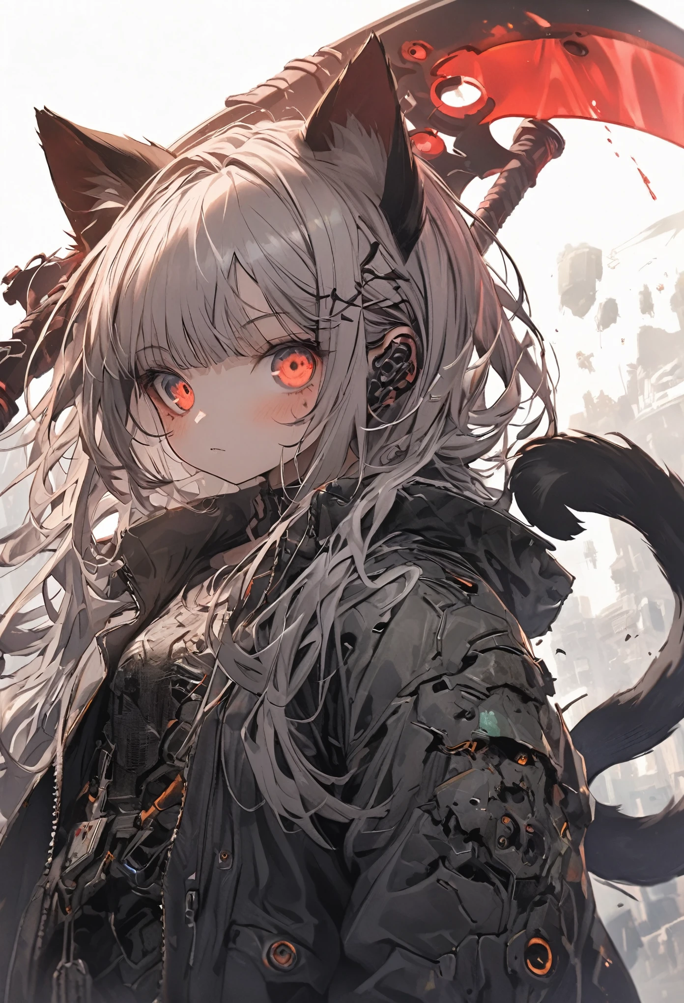 Detailed silhouette of a cyberpunk girl with cat ears and a tail, wearing a flowing, tattered coat, holding a blood huge scythe that includes a mechanical cat design, standing on a glossy, reflective surface with a minimalistic, soft gray background, fish eye angle