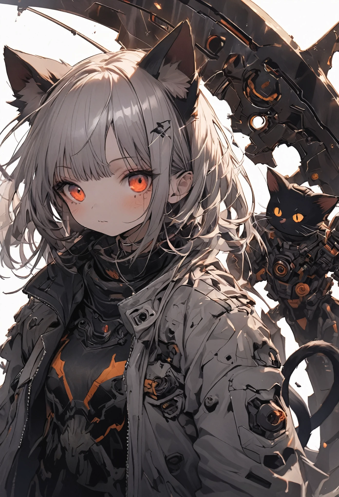 Detailed silhouette of a cyberpunk girl with cat ears and a tail, wearing a flowing, tattered coat, holding a blood huge scythe that includes a mechanical cat design, standing on a glossy, reflective surface with a minimalistic, soft gray background, fish eye angle
