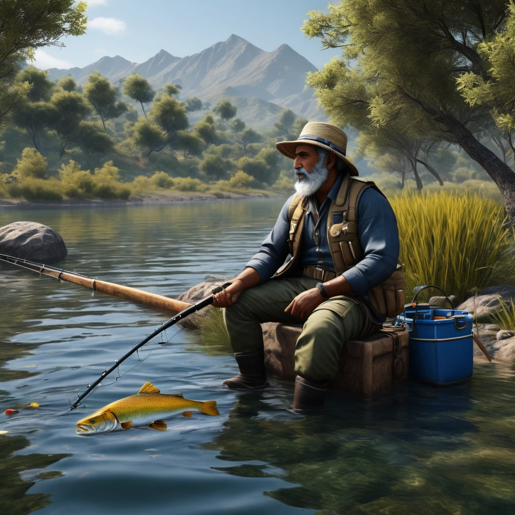 Sabadan went fishing . High quality photo realistic .8k,, detailed, realistic, 8k uhd, high quality
