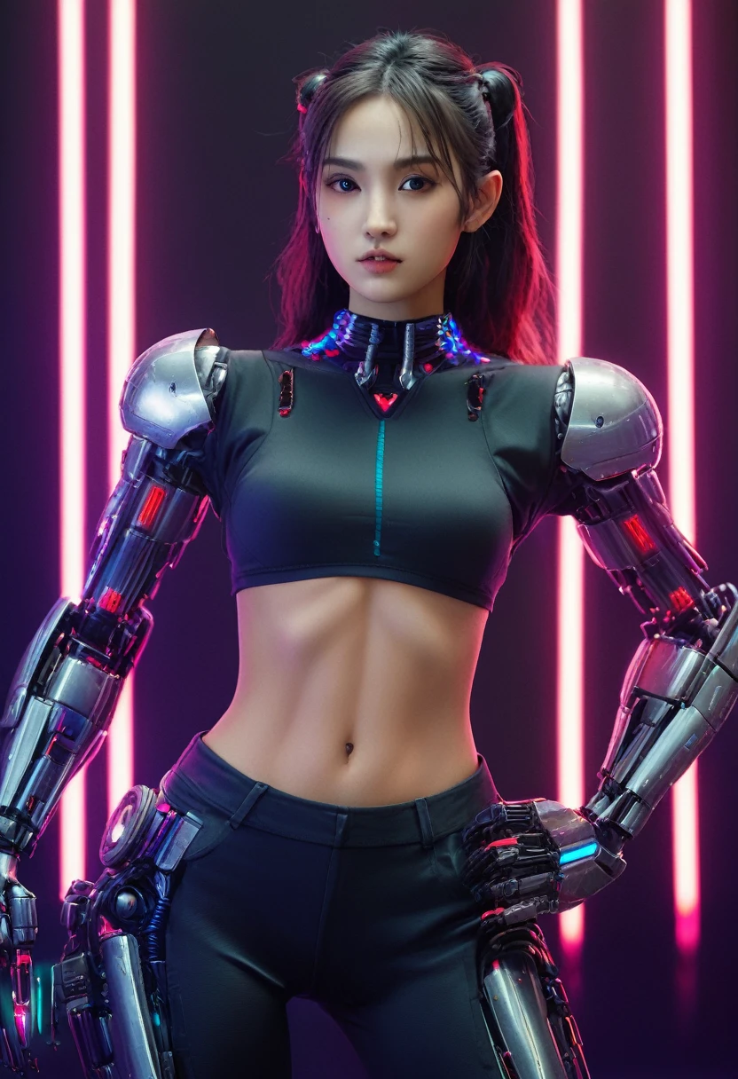 xxmixgirl. Highly detailed professional 35mm film, bokeh, face in sharp focus. A robotic female, Miku, with ((metal skin)), ((perfect Asian eyes)) with magenta irises and ((black pupils)), beautiful serious (detailed face), 18 year old ((photorealistic face)), very long magenta twin tails of magenta hair, twin black hair ties with a single red stripe. She may have a black audio headpiece. We can see her ((full body)) down to her boot soles. Her outfit is a sleeveless collared light grey shirt, outlined in red around the frilled collar and hems. Shiny reflective ((metallic breast cups, dimpleless)), invisible nipples. She wears black sleeves with red hems that start around her upper arm and bellow out as the sleeves open and extend to her wrists, with wide trumpet red rimmed cuffs. She has perfect robotic (detailed hands). She wears a red colored tie with two horizontal solid parallel black lines halfway across. She wears a fabric black skirt with a horizontal red hem at the bottom all the way around; her (((black skirt wraps around her))) and ((her skirt completely covers)) her robotic waist and thighs. Tall black boots with red bottom soles, a red rim around the top at her thighs. Her mechanical shoulder joints are visible. We can see her robotic legs and robotic neck. Half of her is covered with shiny polished machinery. The background is a distant dark neon futuristic Japanese city, gold, cyan, violet neon, near harbor or mountains.