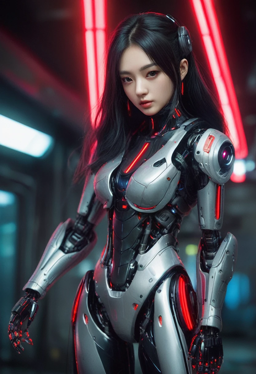 xxmixgirl. Highly detailed professional 35mm film, bokeh, face in sharp focus. A robotic female, Miku, with ((metal skin)), ((perfect Asian eyes)) with magenta irises and ((black pupils)), beautiful serious (detailed face), 18 year old ((photorealistic face)), very long magenta twin tails of magenta hair, twin black hair ties with a single red stripe. She may have a black audio headpiece. We can see her ((full body)) down to her boot soles. Her outfit is a sleeveless collared light grey shirt, outlined in red around the frilled collar and hems. Shiny reflective ((metallic breast cups, dimpleless)), invisible nipples. She wears black sleeves with red hems that start around her upper arm and bellow out as the sleeves open and extend to her wrists, with wide trumpet red rimmed cuffs. She has perfect robotic (detailed hands). She wears a red colored tie with two horizontal solid parallel black lines halfway across. She wears a fabric black skirt with a horizontal red hem at the bottom all the way around; her (((black skirt wraps around her))) and ((her skirt completely covers)) her robotic waist and thighs. Tall black boots with red bottom soles, a red rim around the top at her thighs. Her mechanical shoulder joints are visible. We can see her robotic legs and robotic neck. Half of her is covered with shiny polished machinery. The background is a distant dark neon futuristic Japanese city, gold, cyan, violet neon, near harbor or mountains.