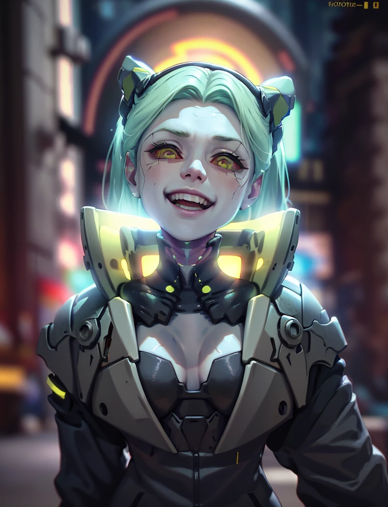 (cinematic, 8k, best quality, masterpiece: 1.2), (realistic, photo-realistic: 1.37), ultra-detailed, soft light, best quality, ultra highres, raw photo in HDR, sharp focus, intricate texture, skin imperfections, 1 girl, cute, solo, raw photo, Rebecca a robotic girl with green hair, laughing, pink tattoo on her neck and belly, wearing a black jacket with yellow details, holding a pistol in hand, 19yo, camel fingers, slim body, warm body, shiny skin, realistic textures, reflected lighting, volumetric lighting. Background a cyberpunk city at night, neon lighting.