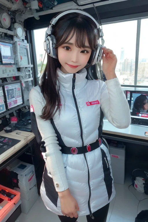 masterpiece, Highest quality, Very detailed, 8K Portrait,Japanese Android Girl,plump , Control panel,Robotic arms and legs, Blunt bangs,,break (Metallic Gray, Metallic luster, Mirror finish, Astro Best):5,headphone:5,break (Black sleeves):100,Smart Watches,Futuristic space station,Control Room,break headphone,blue eyes,(Black Hair):2,(Long Hair):1.3,Displaying the viewer,(respirator),break blush:3,Hidden Hand,smile