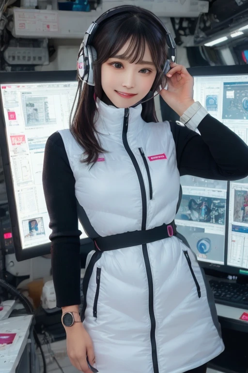 masterpiece, Highest quality, Very detailed, 8K Portrait,Japanese Android Girl,plump , Control panel,Robotic arms and legs, Blunt bangs,,break (Metallic Gray, Metallic luster, Mirror finish, Astro Best):5,headphone:5,break (Black sleeves):100,Smart Watches,Futuristic space station,Control Room,break headphone,blue eyes,(Black Hair):2,(Long Hair):1.3,Displaying the viewer,(respirator),break blush:3,Hidden Hand,smile