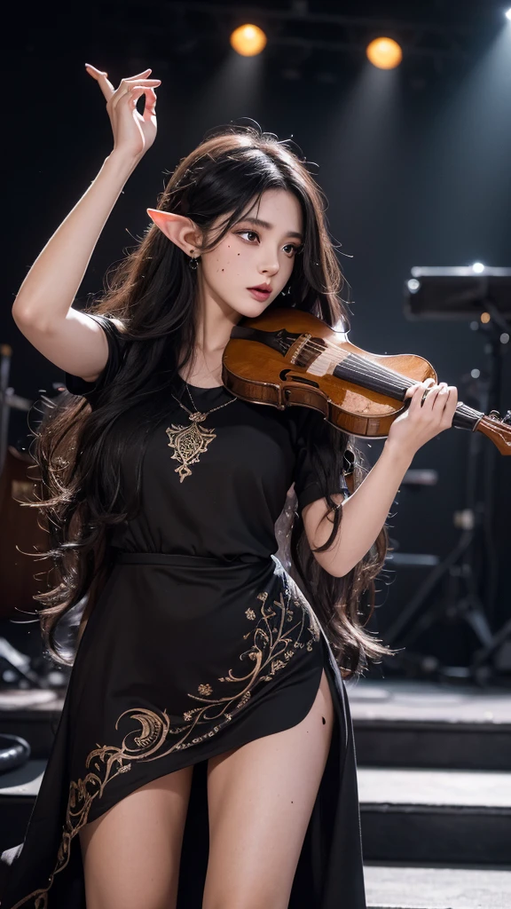 High quality, 8K Ultra HD, ((ink and painting)), ((Highest quality)), ((masterpiece)), (detailed), stage at a concert venue. A bewitching elf woman is singing. Her hair is long, black, and voluminous and loosely wavy. The eyes are black and slightly watery. ((((Large mole below the corner of the eye)))). She is wearing a long black dress. It's a sad expression. don't have an instrument. full body.