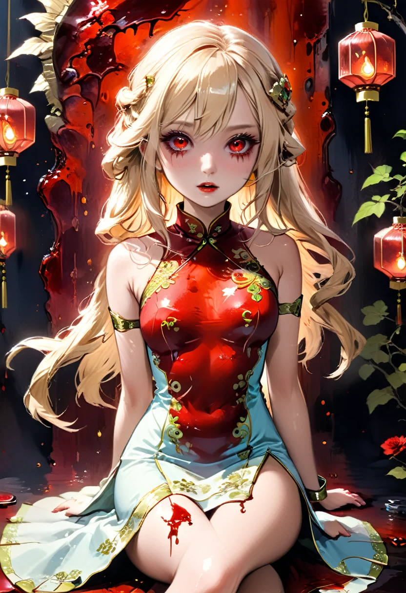 a beautiful female vampire wearing a ((blood stained: 1.5) white Cheongsam: 1.5), an extremely beautiful female vampire, ultra detailed face, blond hair, long hair, wavy hair, dark glamour make up, pale skin, red lips, (glowing red eyes: 1.2), visible (vampiric fangs: 1.2), she wears a ((blood stained white Cheongsam: 1.5)), elegant, intricate detailed Cheongsam, silk Cheongsam, small cleavage, ((Cheongsam is decorated with gems: 1.3)), she wears elegant knee high heeled boots, exquisite knee high heeled boots, there are stains of blood on the upper part of the dress, dynamic background, best details, best quality, highres, ultra wide angle, 16k, [ultra detailed], masterpiece, best quality, (extremely detailed), full body, ultra wide shot, photorealistic, fantasy art, dnd art, rpg art, realistic art, dark novel, Dark Art Painting Style, Blood_Covered