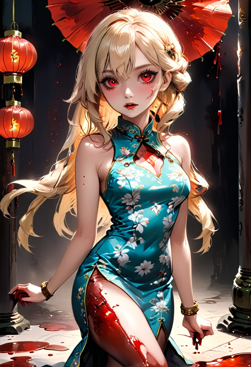 a beautiful female vampire wearing a ((blood stained: 1.5) white Cheongsam: 1.5), an extremely beautiful female vampire, ultra detailed face, blond hair, long hair, wavy hair, dark glamour make up, pale skin, red lips, (glowing red eyes: 1.2), visible (vampiric fangs: 1.2), she wears a ((blood stained white Cheongsam: 1.5)), elegant, intricate detailed Cheongsam, silk Cheongsam, small cleavage, ((Cheongsam is decorated with gems: 1.3)), she wears elegant knee high heeled boots, exquisite knee high heeled boots, there are stains of blood on the upper part of the dress, dynamic background, best details, best quality, highres, ultra wide angle, 16k, [ultra detailed], masterpiece, best quality, (extremely detailed), full body, ultra wide shot, photorealistic, fantasy art, dnd art, rpg art, realistic art, dark novel, Dark Art Painting Style, Blood_Covered