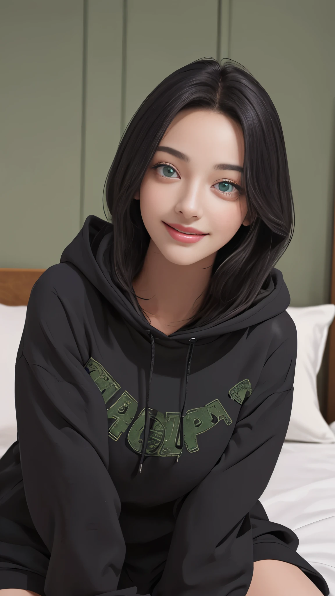 beautiful, (masterpiece), Highest quality, (extremely detailed face), extremely detailed eyes,  Perfect lighting, Overall detailed, detailed, Deep Skin,Textured skin,
,bear costume ,black bear costume, Long sleeve, Wearing a hood,,mallow , Long Hair, Green Eyes, Big smile,On the bed ,sit between the pillows,
,