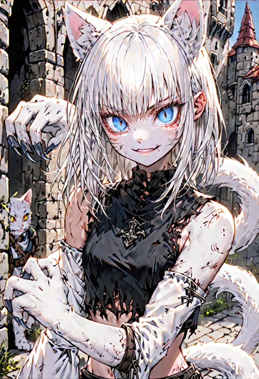 female, short white hair, straight hair, blue eyes, short, white furry forearms, furry claws, white cat ears, white cat tail, slit pupils, small breasts, short, warrior stance, skimpy clothes, medieval, athletic, bare midriff, eager smile, close up, tattered clothes, homeless