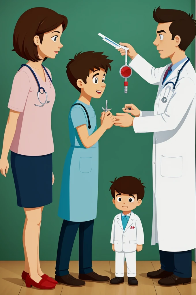 Cartoon Image of Doctor Diagnosing a  Boy and His Parents Are Sad 