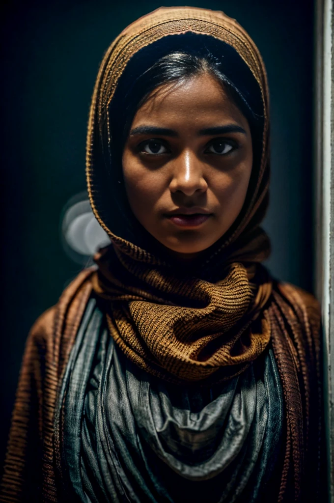 a photorealistic portrait of an incredibly beautiful young woman without makeup, extremely detaild light hazel eyes, Detailed symmetrical realistic face, Messy hair, wearing shawl on head, work of art, absurderes, award-winning photo by Lee Jeffries, fot stock de filme nikon d850, kodak portra 400 f1 camera.6 lenses, extremely detaild, incredible, finely detail, rich colors, hyper-realistic lifelike texture, dramatic lighting, UnrealEngine, trends on artstation, cinestill 800 tungsten, gazing at viewer, photo realist, CRU photo, Tanvir Tamim, high qualiy, high resolution, sharp focus, extremely detaild, cinematic lighting, 8k uhd --v4 , Ultra-realistic, cinematrographic, 超detailded, absolute realism, cinematic scene cinematic lighting, Hyper-resolution, perfectionism,ultra detali, Hyper maximalist, epic, fotorrealism, very high detail, filmed with a professional camera, cinematic lighting, soft lighting, details Intricate, Depth of field, fot, cinematic shot, 