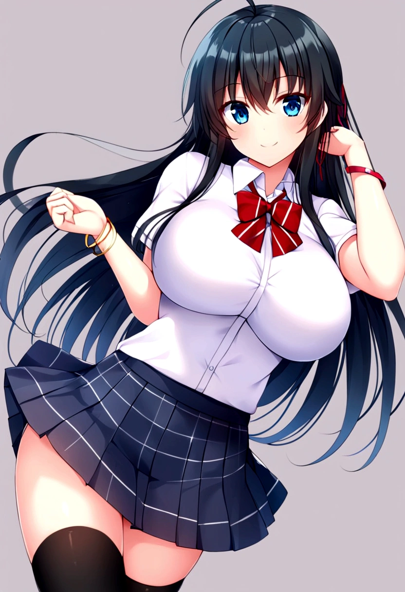 yukinoshita_yukino, 1girl, solo, sobu_high_school_uniform, skirt, long_hair, black_hair, thighhighs, shirt, school_uniform, white_background, white_shirt, simple_background, black_thighhighs, plaid, plaid_skirt, zettai_ryouiki, ribbon, looking_at_viewer, pleated_skirt, blue_eyes, smile, collared_shirt, short_sleeves, bangs, neck_ribbon, cowboy_shot, red_ribbon, dress_shirt, bow, closed_mouth, hair_between_eyes, breasts, miniskirt, bowtie, bracelet, red_bow, (masterpiece:1.2), ((best quality:1.3)), ultra-detailed, ray-traced, high-fidelity textures, crisp focus, dynamic pose, dynamic art, dynmic angle, huge breasts,